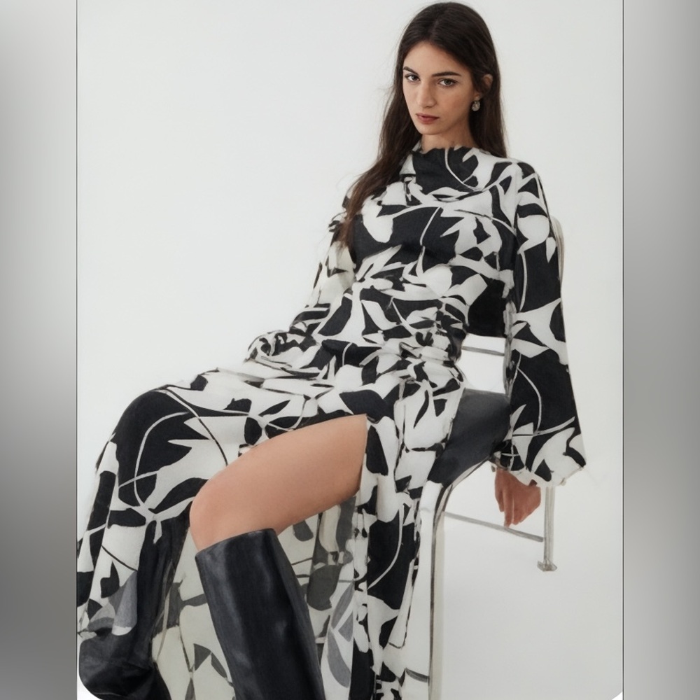 Commense Side Ruched and Slit Detail Tea Length Long Sleeve Floral Print Dress